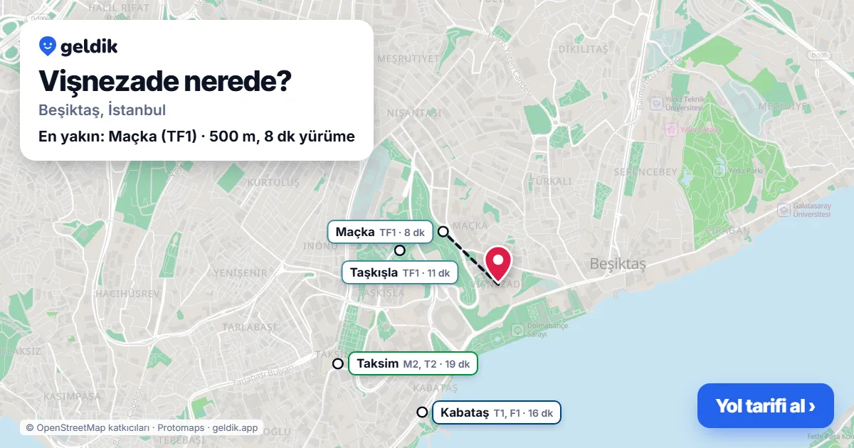 Vişnezade nerede: haritada Vişnezade (Beşiktaş) ve en yakın istasyonlar, yürüme süresiyle