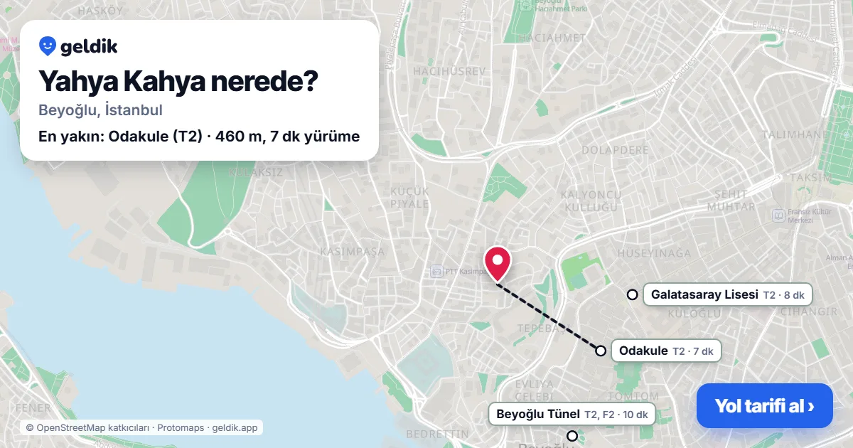 Yahya Kahya nerede: haritada Yahya Kahya (Beyoğlu) ve en yakın istasyonlar, yürüme süresiyle