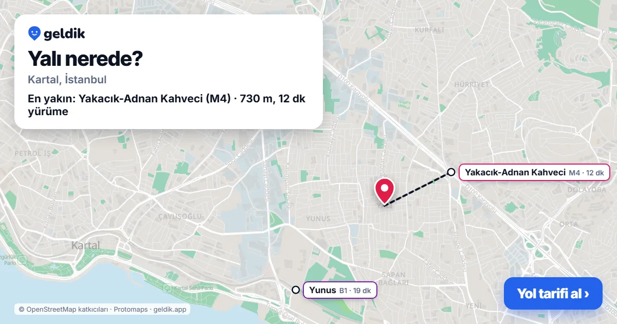Yalı nerede: haritada Yalı (Kartal) ve en yakın istasyonlar, yürüme süresiyle
