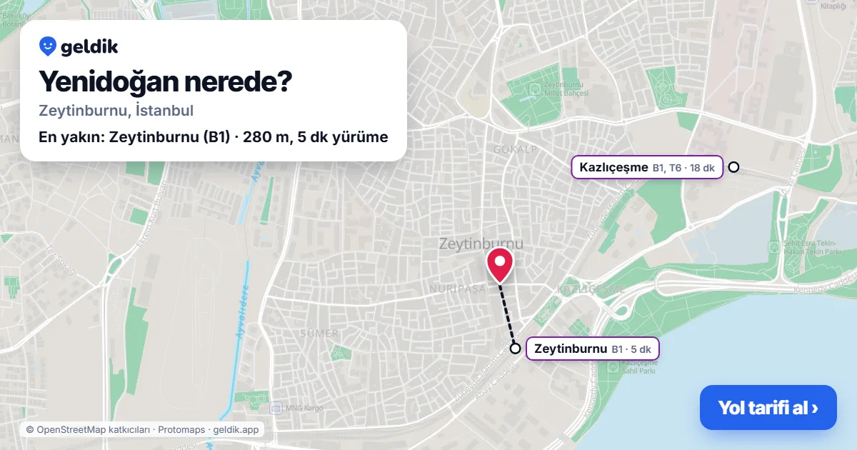 Yenidoğan nerede: haritada Yenidoğan (Zeytinburnu) ve en yakın istasyonlar, yürüme süresiyle