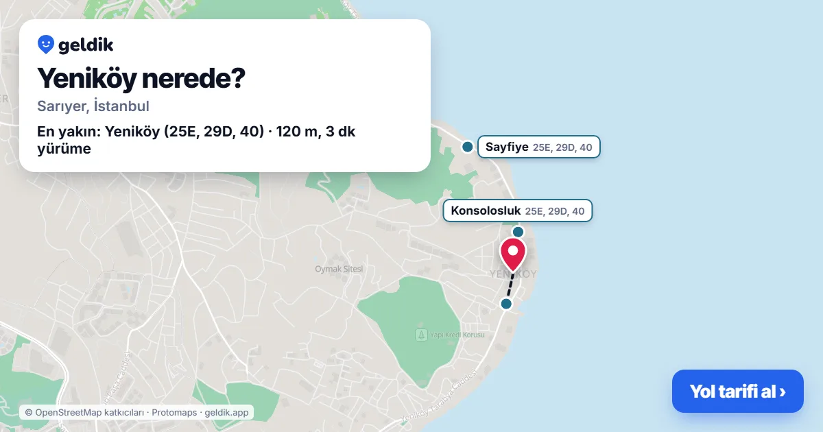 Yeniköy nerede: haritada Yeniköy (Sarıyer) ve en yakın otobüs durakları, yürüme süresiyle