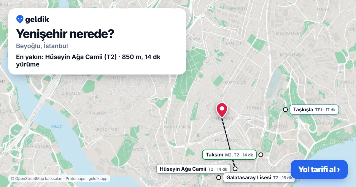 Yenişehir nerede: haritada Yenişehir (Beyoğlu) ve en yakın istasyonlar, yürüme süresiyle