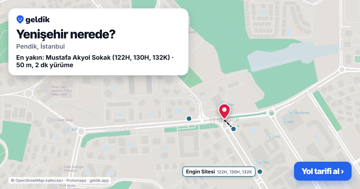 Yenişehir nerede: haritada Yenişehir (Pendik) ve en yakın otobüs durakları, yürüme süresiyle