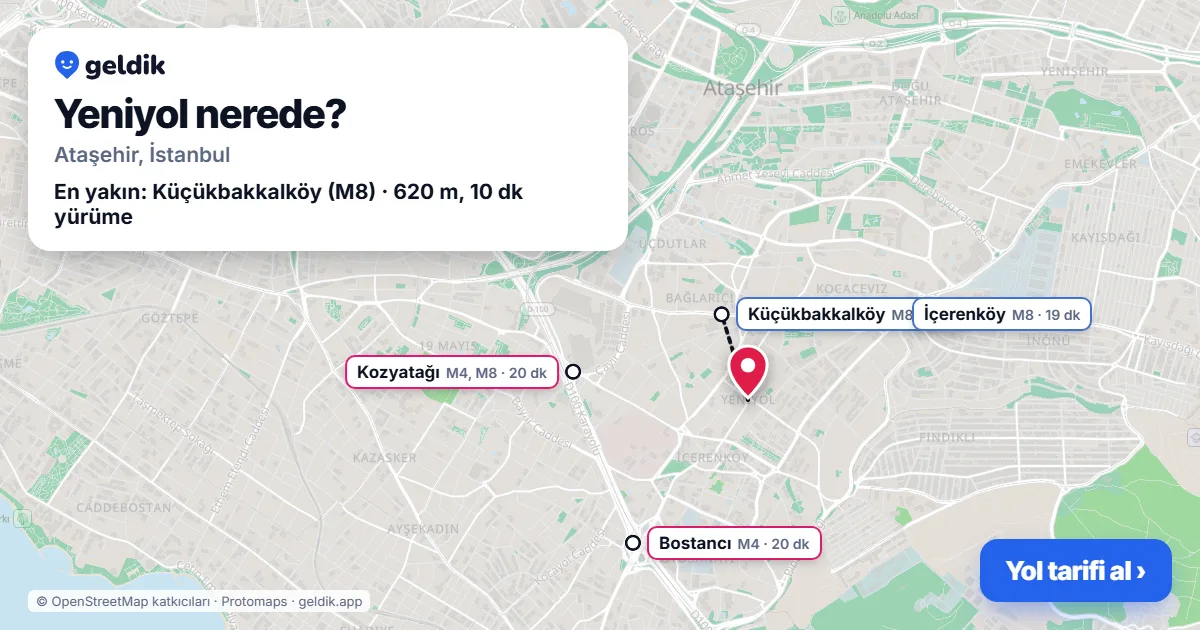 Yeniyol nerede: haritada Yeniyol (Ataşehir) ve en yakın istasyonlar, yürüme süresiyle