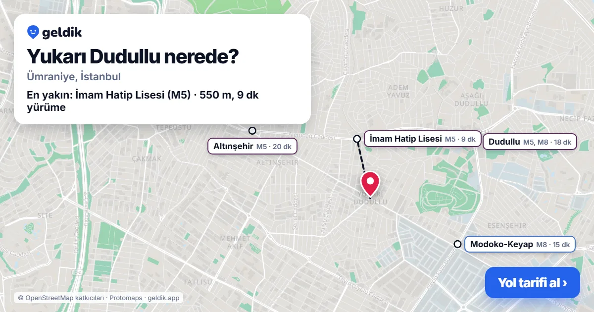 Yukarı Dudullu nerede: haritada Yukarı Dudullu (Ümraniye) ve en yakın istasyonlar, yürüme süresiyle