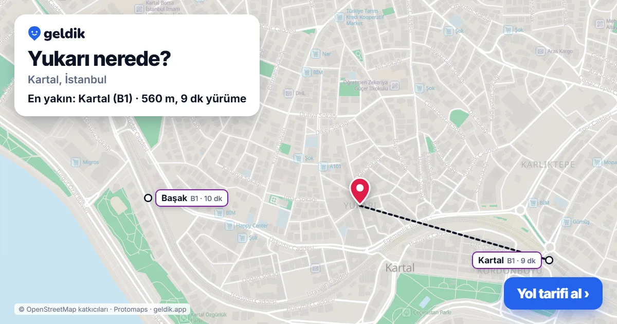 Yukarı nerede: haritada Yukarı (Kartal) ve en yakın istasyonlar, yürüme süresiyle