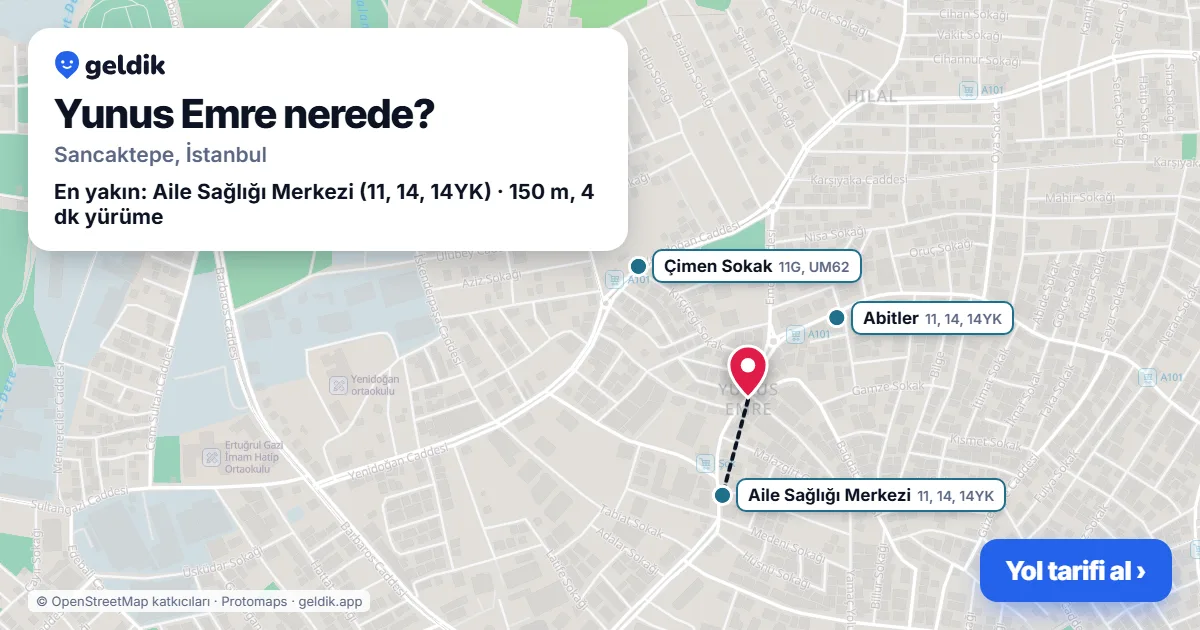 Yunus Emre nerede: haritada Yunus Emre (Sancaktepe) ve en yakın otobüs durakları, yürüme süresiyle