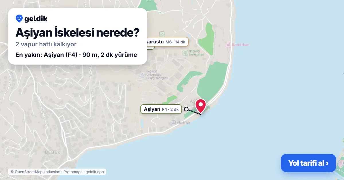 Aşiyan İskelesi haritası: iskelenin yeri ve en yakın istasyonlar (Aşiyan, Rumeli Hisarüstü, Boğaziçi Üniversitesi – Hisarüstü)
