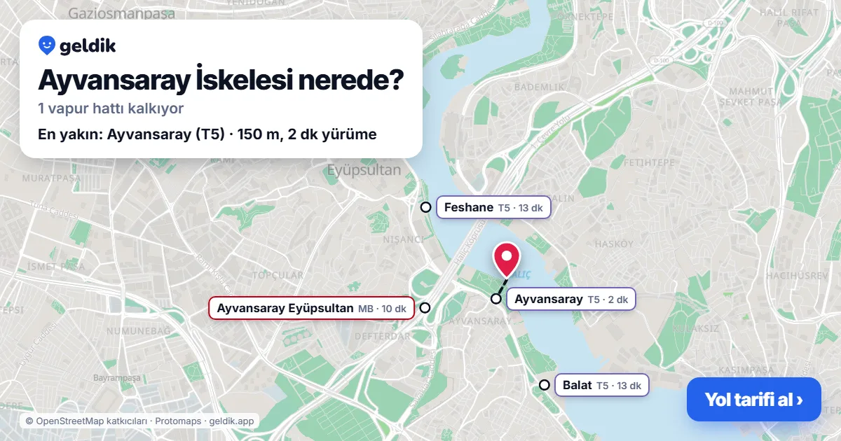 Ayvansaray İskelesi haritası: iskelenin yeri ve en yakın istasyonlar (Ayvansaray, Ayvansaray Eyüpsultan, Feshane, Balat)