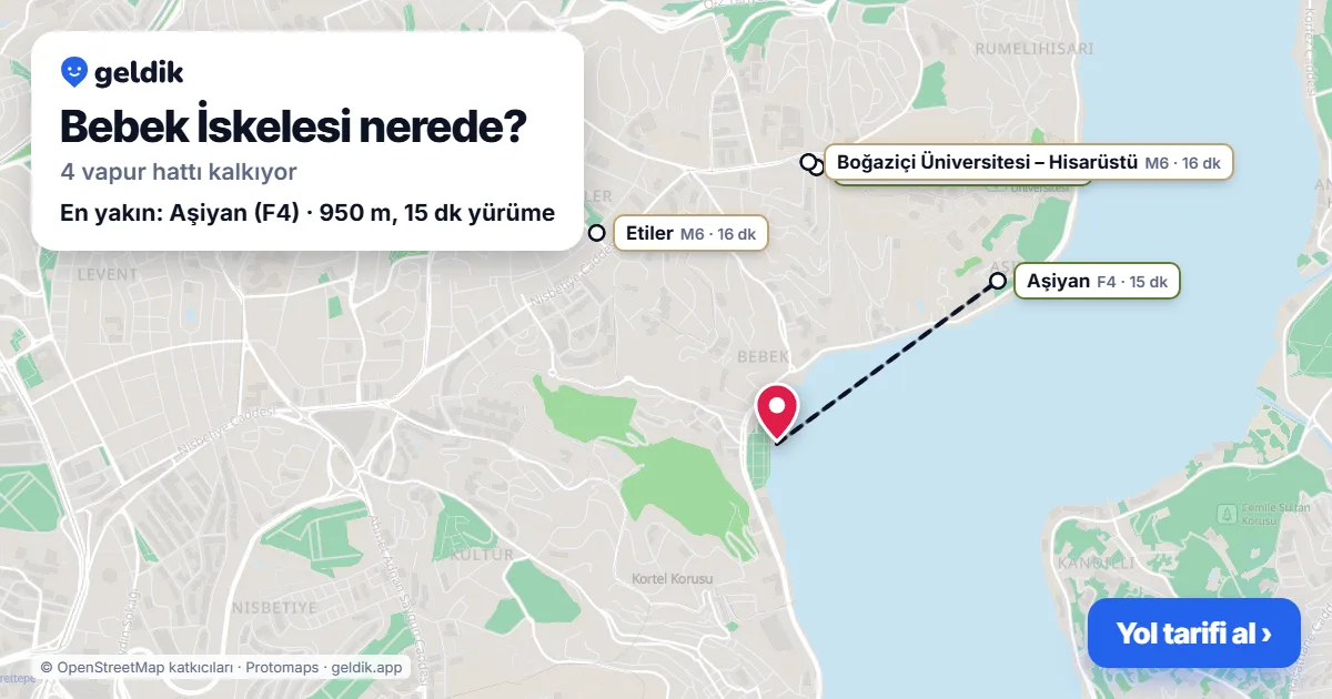 Bebek İskelesi haritası: iskelenin yeri ve en yakın istasyonlar (Aşiyan, Etiler, Rumeli Hisarüstü, Boğaziçi Üniversitesi – Hisarüstü)