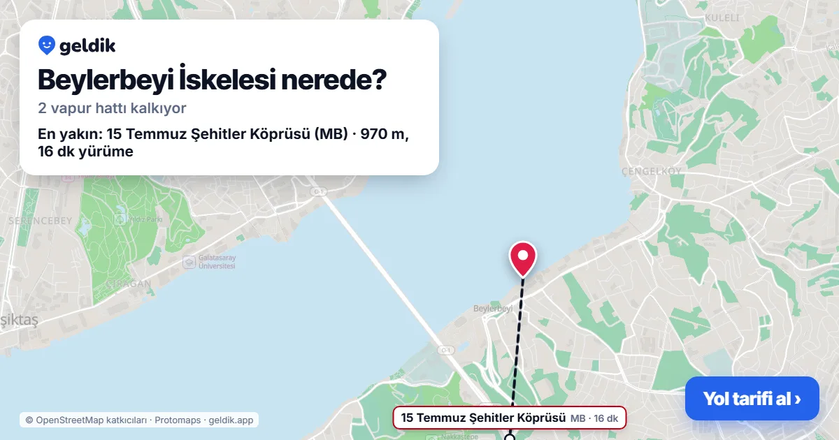 Beylerbeyi İskelesi haritası: iskelenin yeri ve en yakın istasyonlar (15 Temmuz Şehitler Köprüsü)