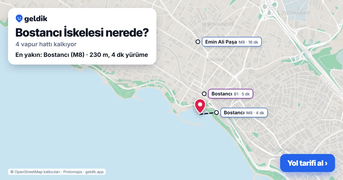 Bostancı İskelesi haritası: iskelenin yeri ve en yakın istasyonlar (Bostancı, Bostancı, Emin Ali Paşa)