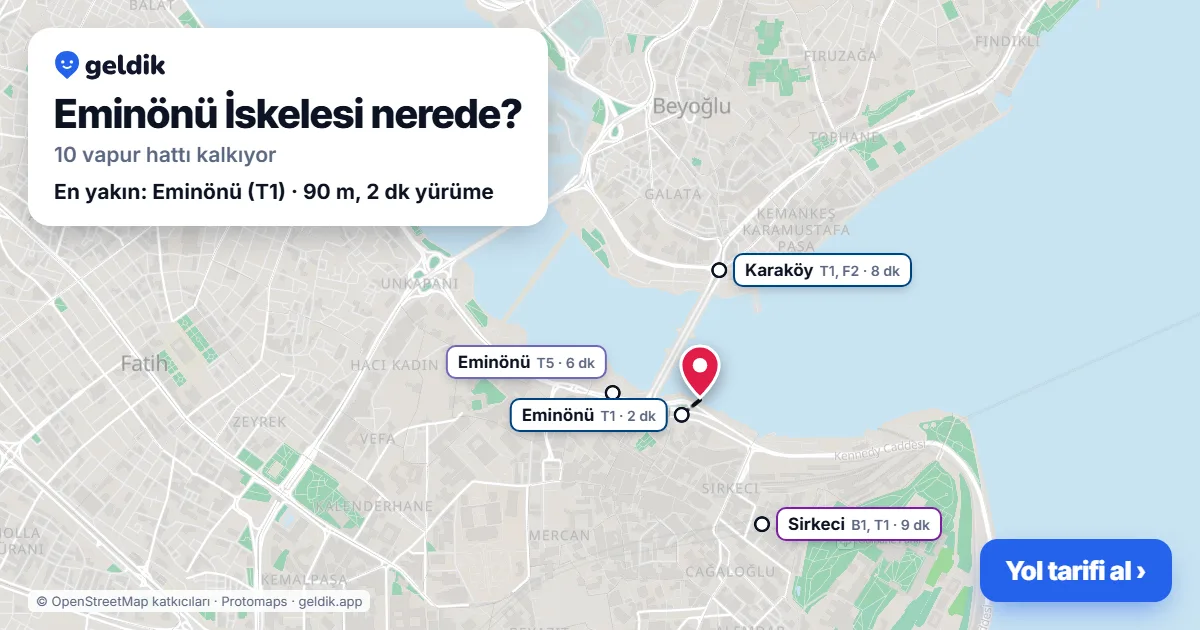 Eminönü İskelesi haritası: iskelenin yeri ve en yakın istasyonlar (Eminönü, Eminönü, Karaköy, Sirkeci)