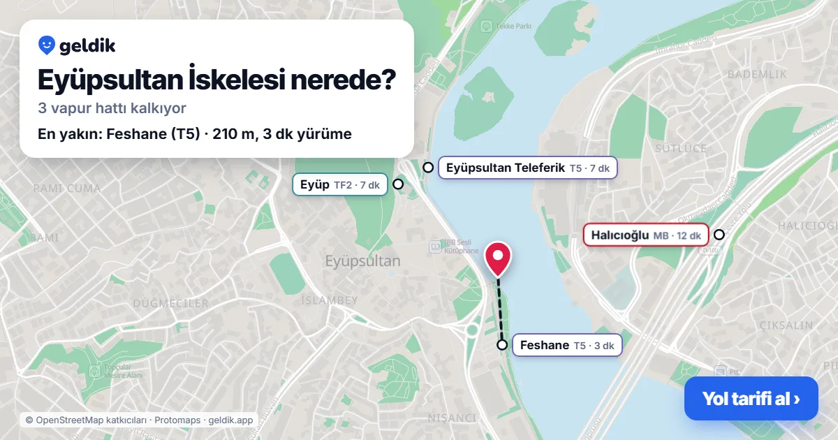 Eyüpsultan İskelesi haritası: iskelenin yeri ve en yakın istasyonlar (Feshane, Eyüpsultan Teleferik, Eyüp, Halıcıoğlu)
