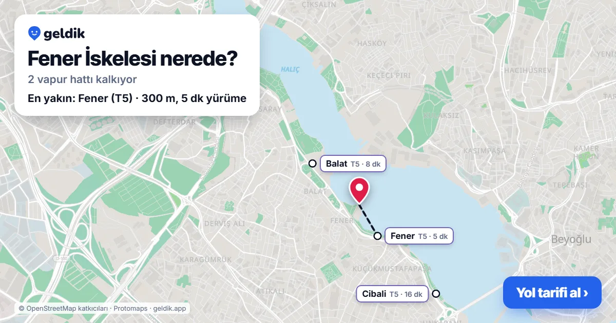 Fener İskelesi haritası: iskelenin yeri ve en yakın istasyonlar (Fener, Balat, Cibali)
