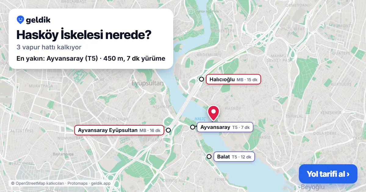 Hasköy İskelesi haritası: iskelenin yeri ve en yakın istasyonlar (Ayvansaray, Balat, Halıcıoğlu, Ayvansaray Eyüpsultan)