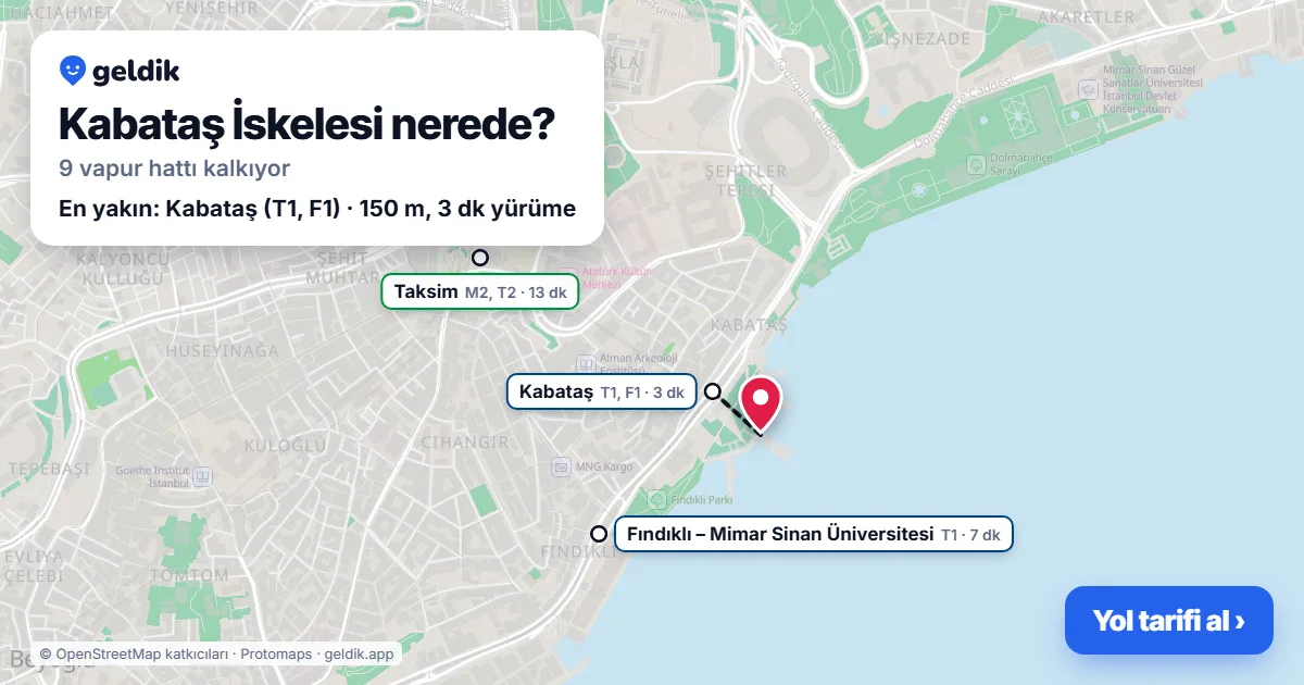 Kabataş İskelesi haritası: iskelenin yeri ve en yakın istasyonlar (Kabataş, Fındıklı – Mimar Sinan Üniversitesi, Taksim)