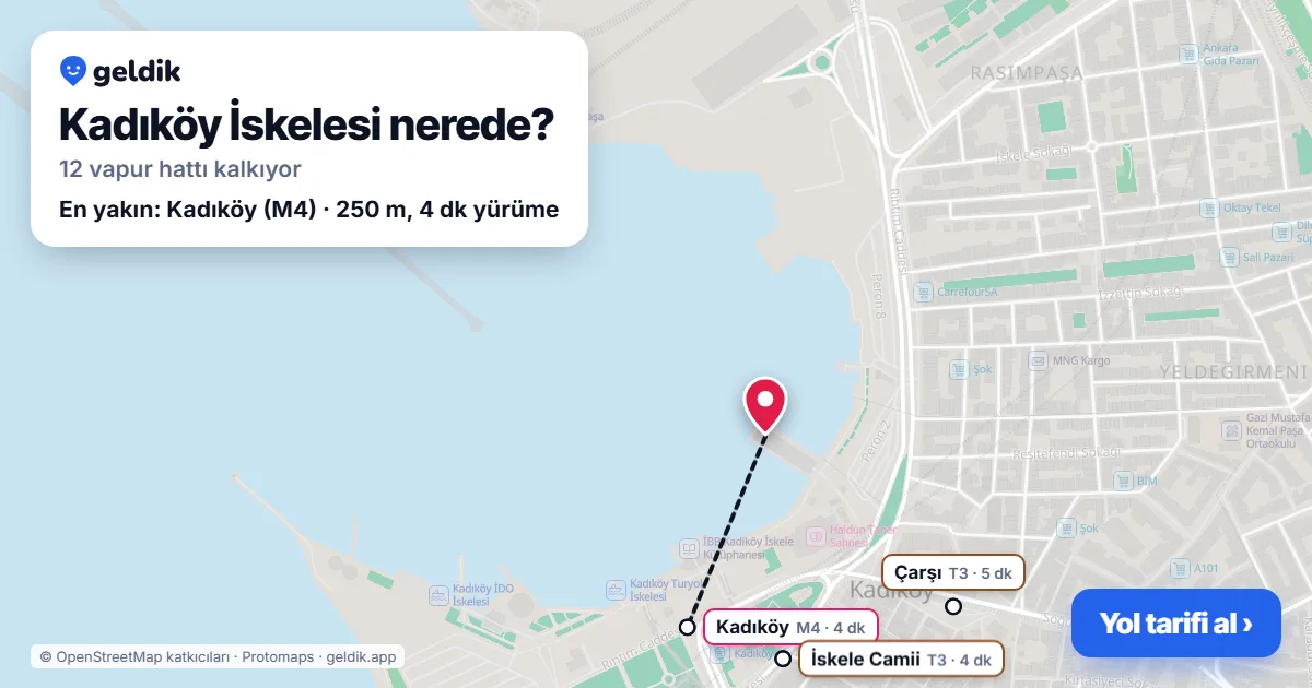 Kadıköy İskelesi haritası: iskelenin yeri ve en yakın istasyonlar (Kadıköy, İskele Camii, Kadıköy İDO, Çarşı)