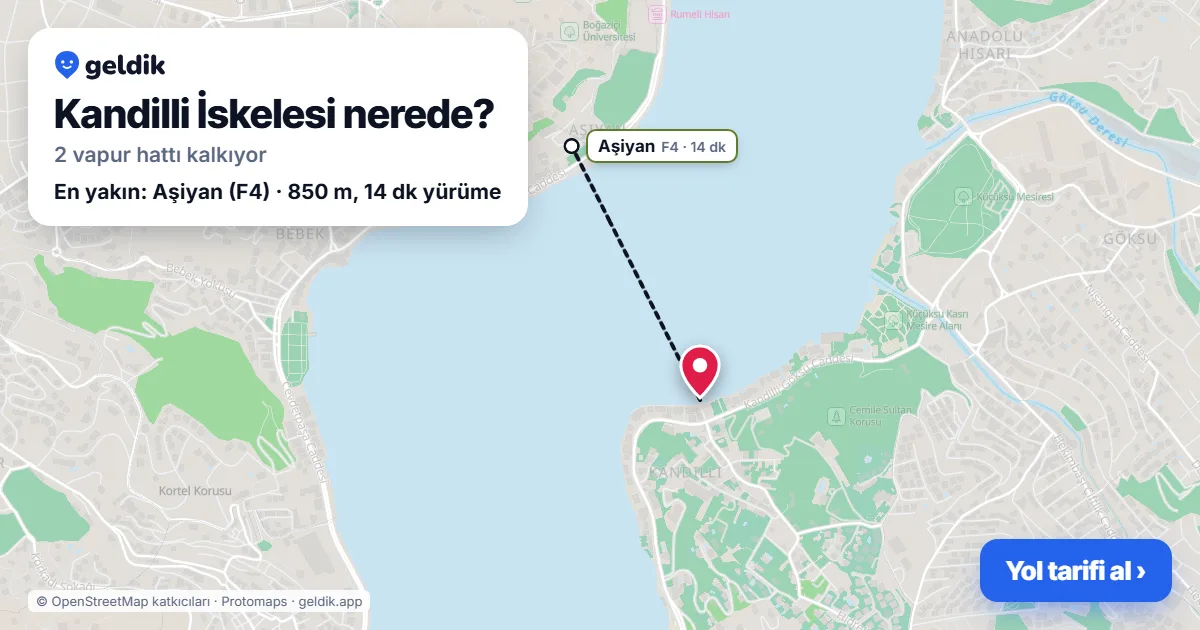 Kandilli İskelesi haritası: iskelenin yeri ve en yakın istasyonlar (Aşiyan)