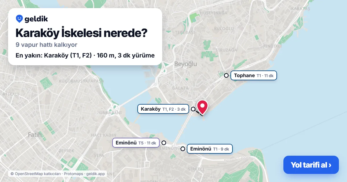 Karaköy İskelesi haritası: iskelenin yeri ve en yakın istasyonlar (Karaköy, Eminönü, Eminönü, Şişhane)