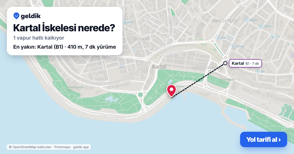 Kartal İskelesi haritası: iskelenin yeri ve en yakın istasyonlar (Kartal, Başak)