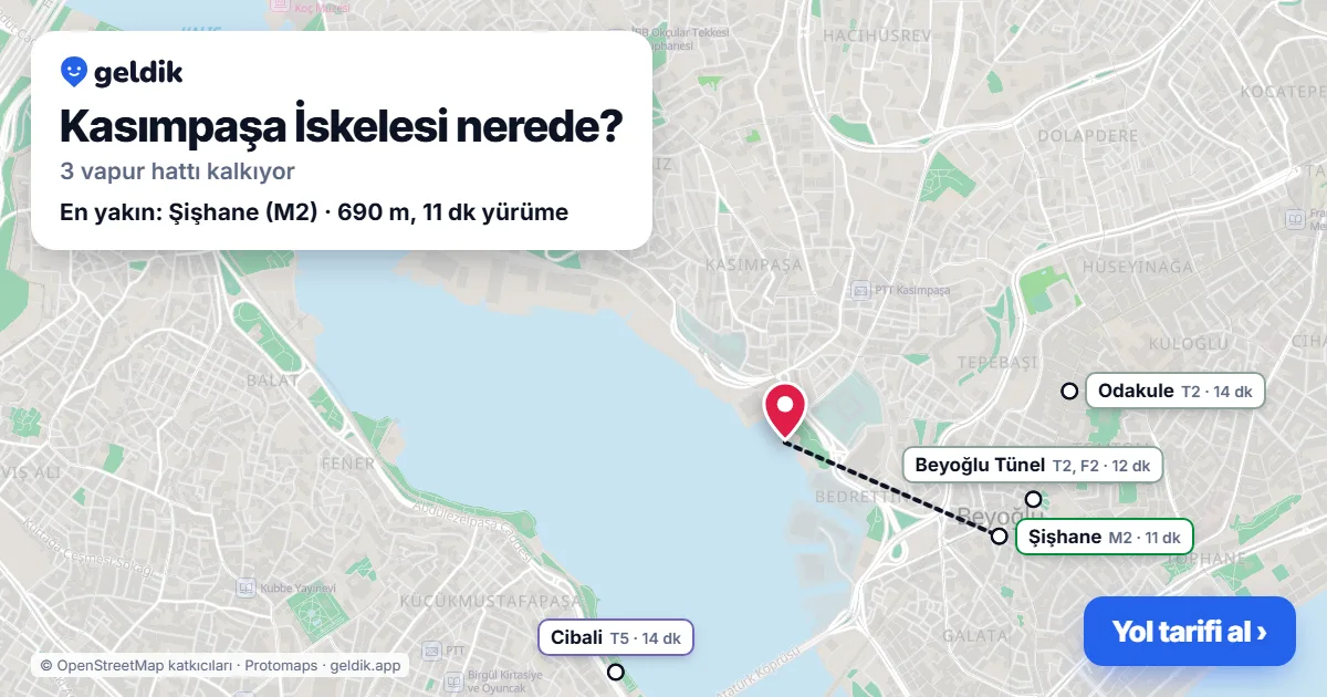 Kasımpaşa İskelesi haritası: iskelenin yeri ve en yakın istasyonlar (Şişhane, Beyoğlu Tünel, Cibali, Odakule)