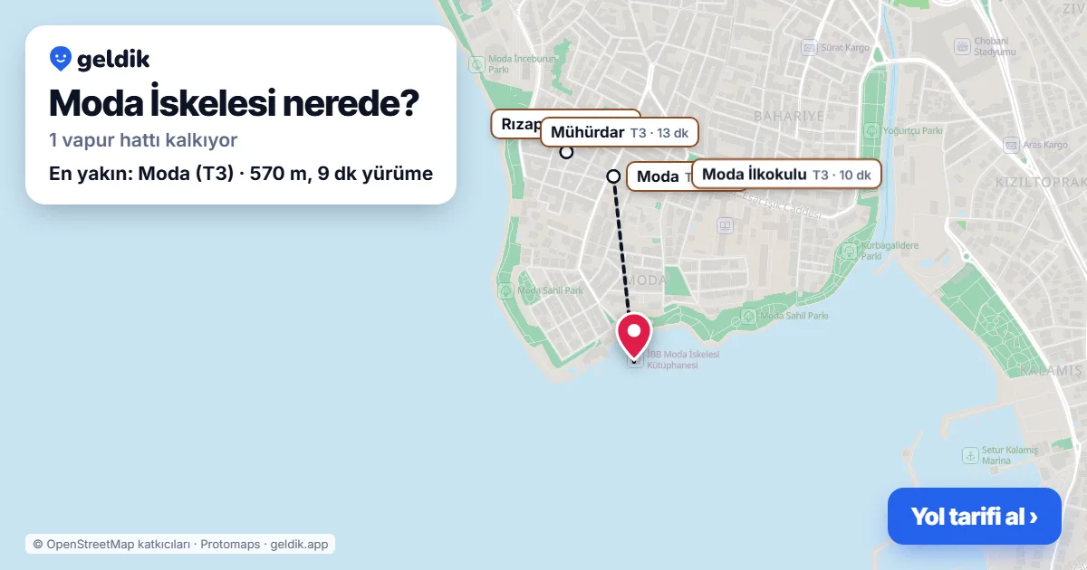 Moda İskelesi haritası: iskelenin yeri ve en yakın istasyonlar (Moda, Moda İlkokulu, Rızapaşa, Mühürdar)
