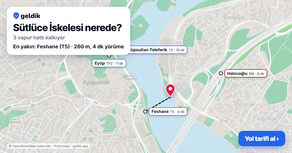 Sütlüce İskelesi haritası: iskelenin yeri ve en yakın istasyonlar (Feshane, Halıcıoğlu, Eyüpsultan Teleferik, Eyüp)