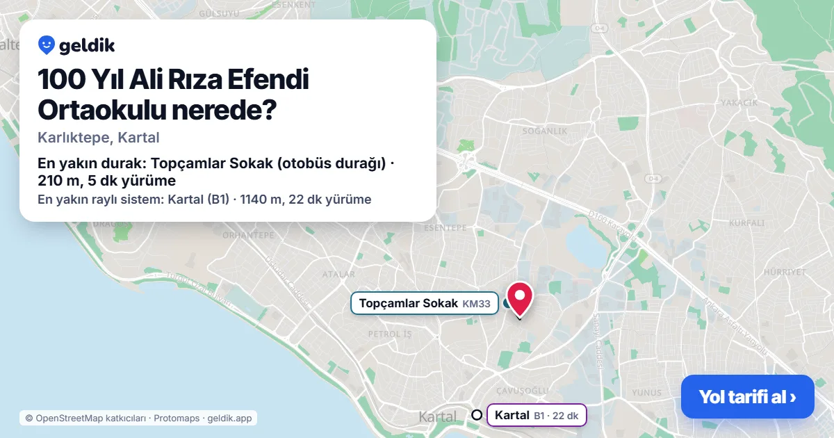 100 Yıl Ali Rıza Efendi Ortaokulu nerede: haritada konumu ve en yakın duraklar, yürüme süreleriyle