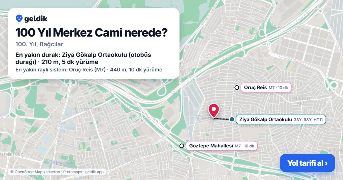 100 Yıl Merkez Cami nerede: haritada konumu ve en yakın duraklar, yürüme süreleriyle