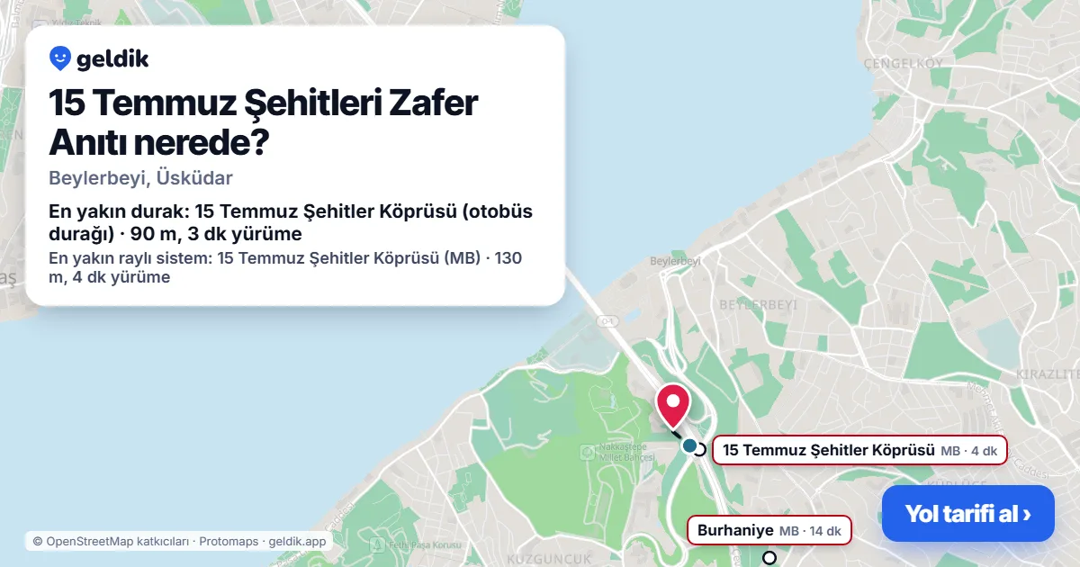 Where is 15 Temmuz Şehitleri Zafer Anıtı: map with its location and the nearest stops, with walking times