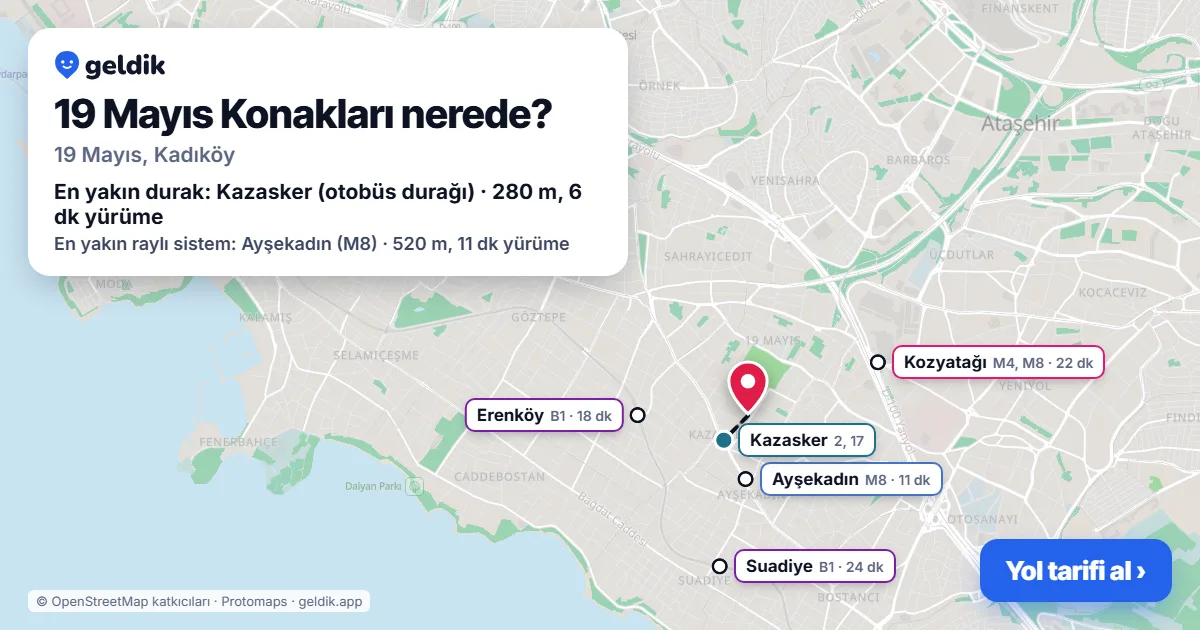 19 Mayıs Konakları nerede: haritada konumu ve en yakın duraklar, yürüme süreleriyle