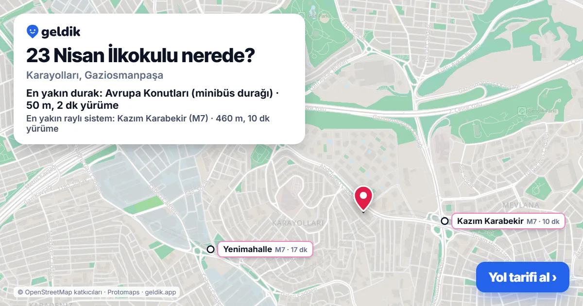 Where is 23 Nisan İlkokulu: map with its location and the nearest stops, with walking times