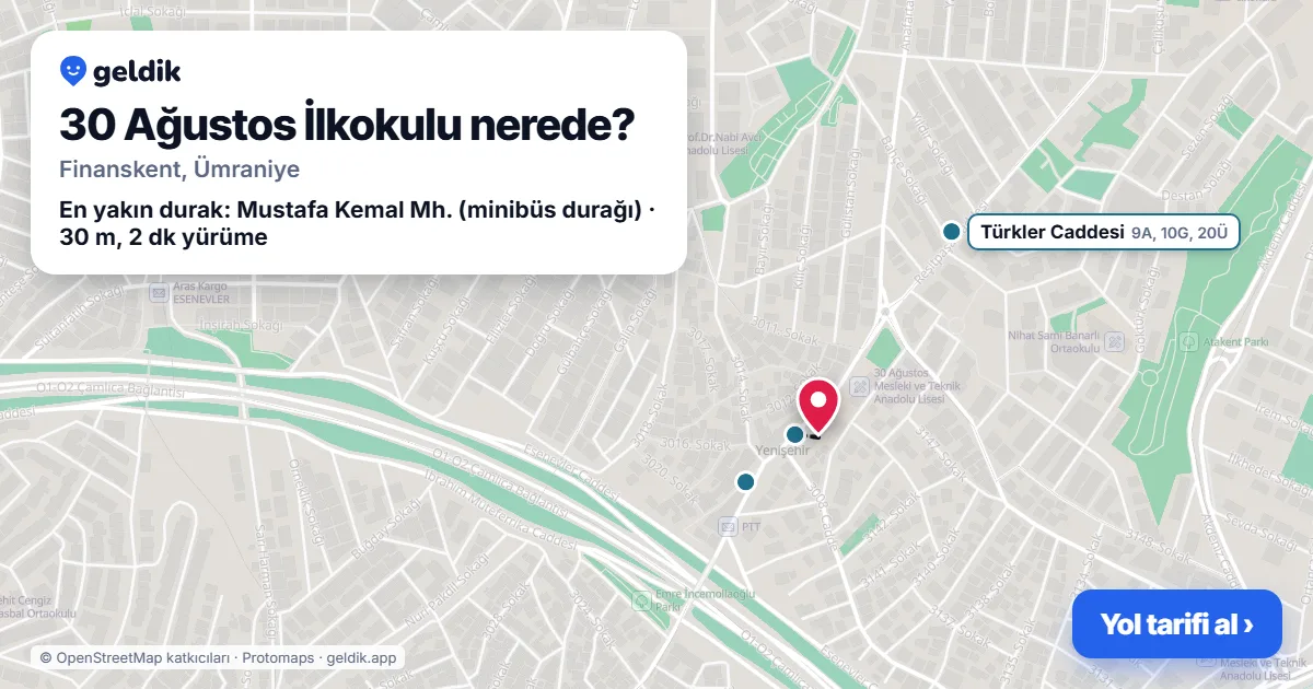 30 Ağustos İlkokulu nerede: haritada konumu ve en yakın duraklar, yürüme süreleriyle