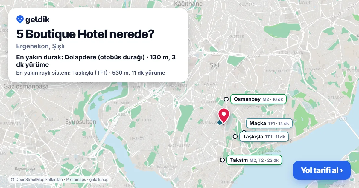 Where is 5 Boutique Hotel: map with its location and the nearest stops, with walking times