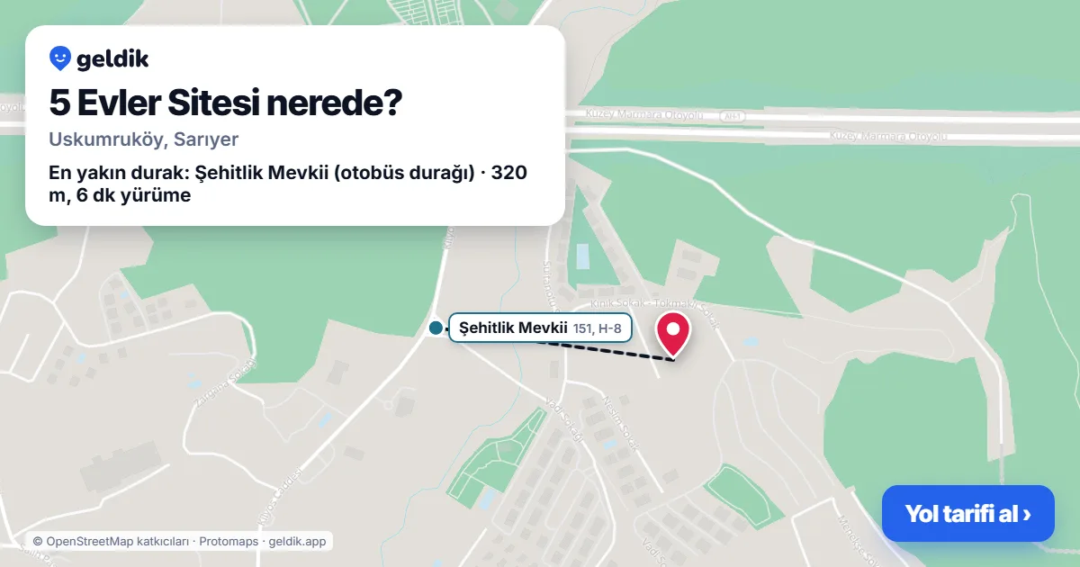Where is 5 Evler Sitesi: map with its location and the nearest stops, with walking times
