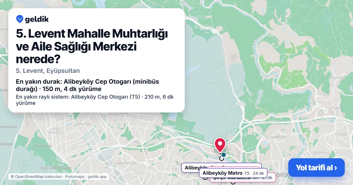 Where is 5. Levent Mahalle Muhtarlığı ve Aile Sağlığı Merkezi: map with its location and the nearest stops, with walking times