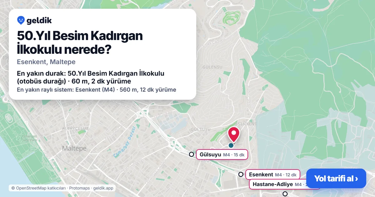 50.Yıl Besim Kadırgan İlkokulu nerede: haritada konumu ve en yakın duraklar, yürüme süreleriyle