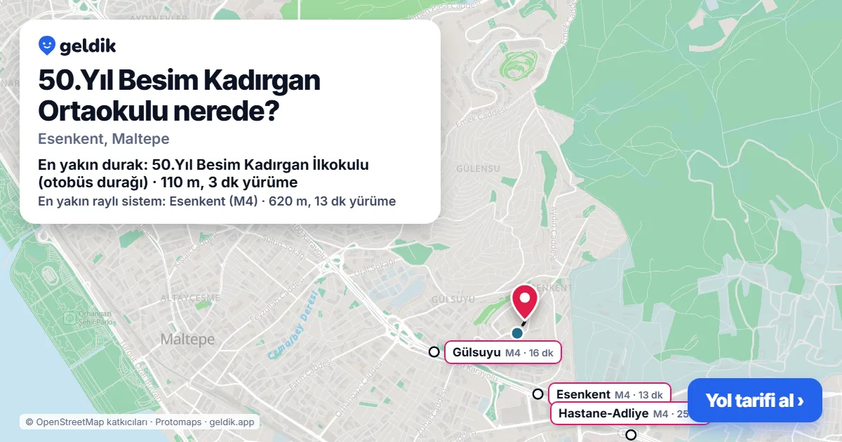 50.Yıl Besim Kadırgan Ortaokulu nerede: haritada konumu ve en yakın duraklar, yürüme süreleriyle