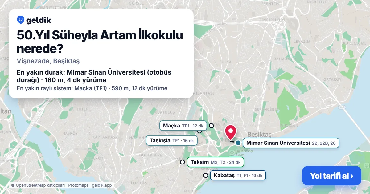 50.Yıl Süheyla Artam İlkokulu nerede: haritada konumu ve en yakın duraklar, yürüme süreleriyle