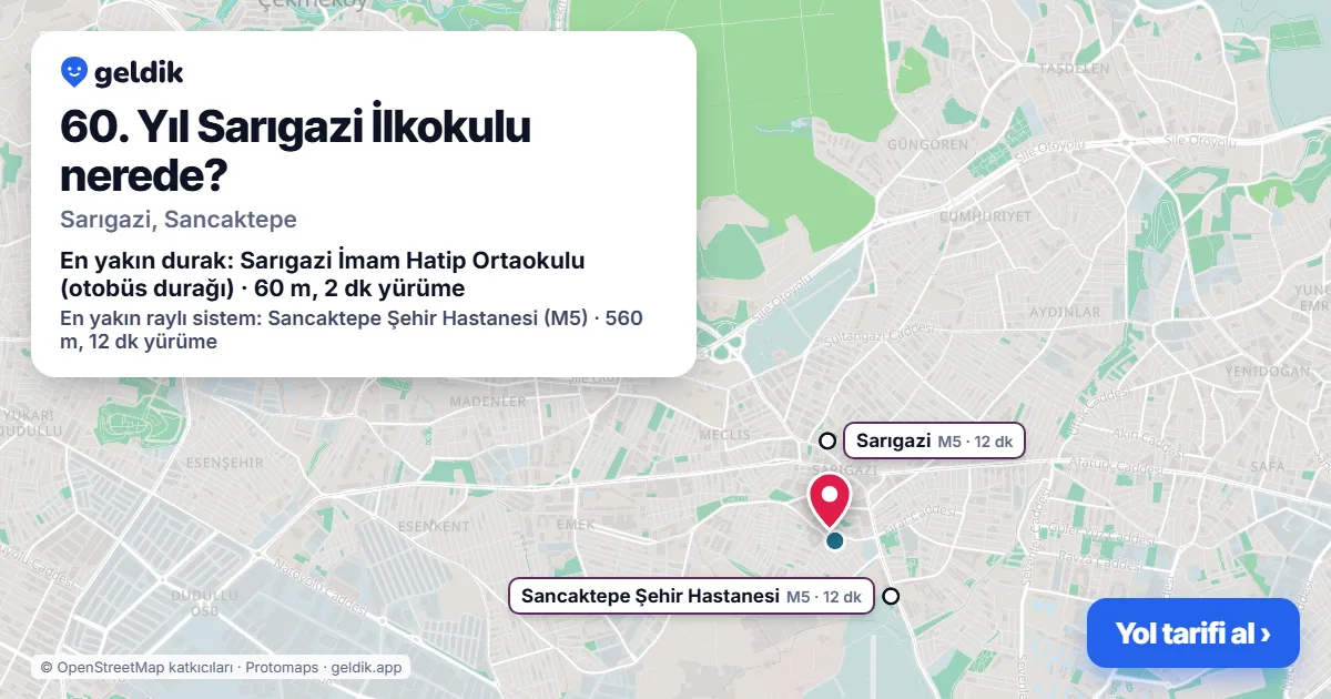 60. Yıl Sarıgazi İlkokulu nerede: haritada konumu ve en yakın duraklar, yürüme süreleriyle