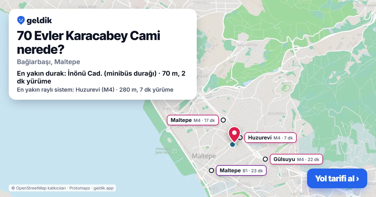 70 Evler Karacabey Cami nerede: haritada konumu ve en yakın duraklar, yürüme süreleriyle