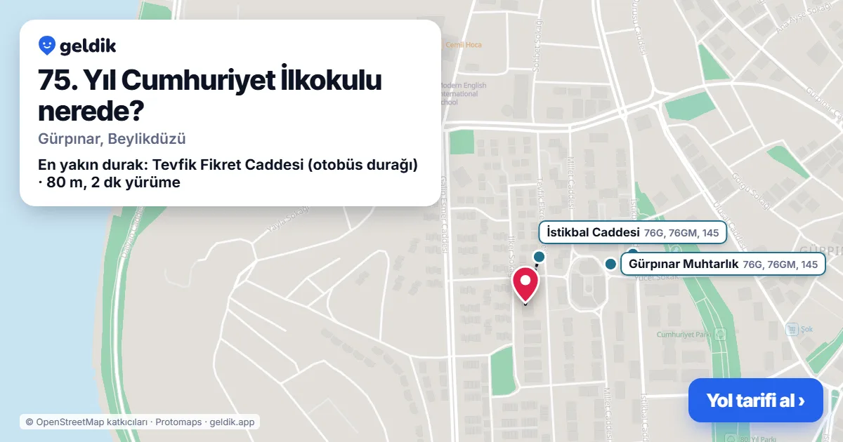 75. Yıl Cumhuriyet İlkokulu nerede: haritada konumu ve en yakın duraklar, yürüme süreleriyle