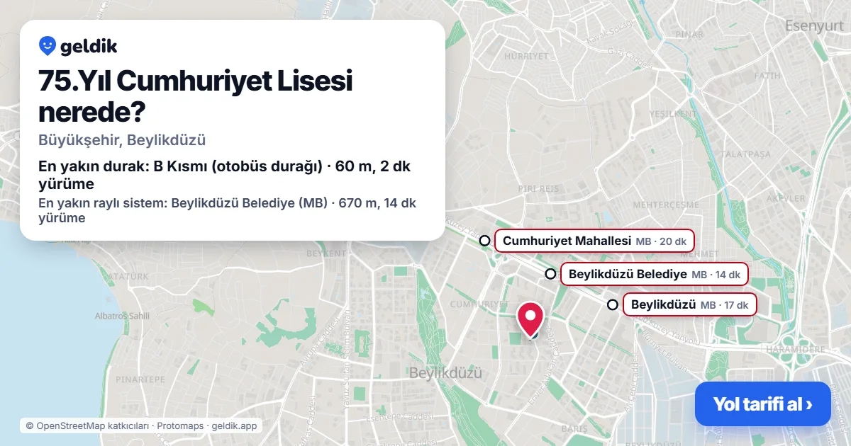 75.Yıl Cumhuriyet Lisesi nerede: haritada konumu ve en yakın duraklar, yürüme süreleriyle
