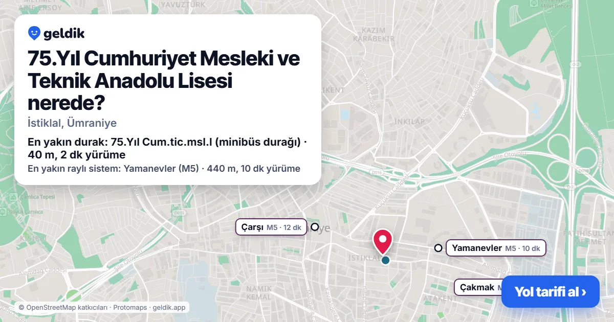 75.Yıl Cumhuriyet Mesleki ve Teknik Anadolu Lisesi nerede: haritada konumu ve en yakın duraklar, yürüme süreleriyle
