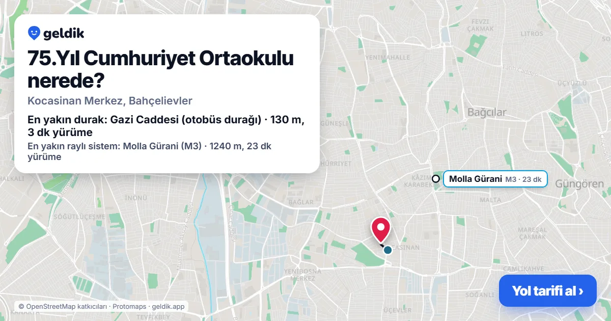 Where is 75.Yıl Cumhuriyet Ortaokulu: map with its location and the nearest stops, with walking times