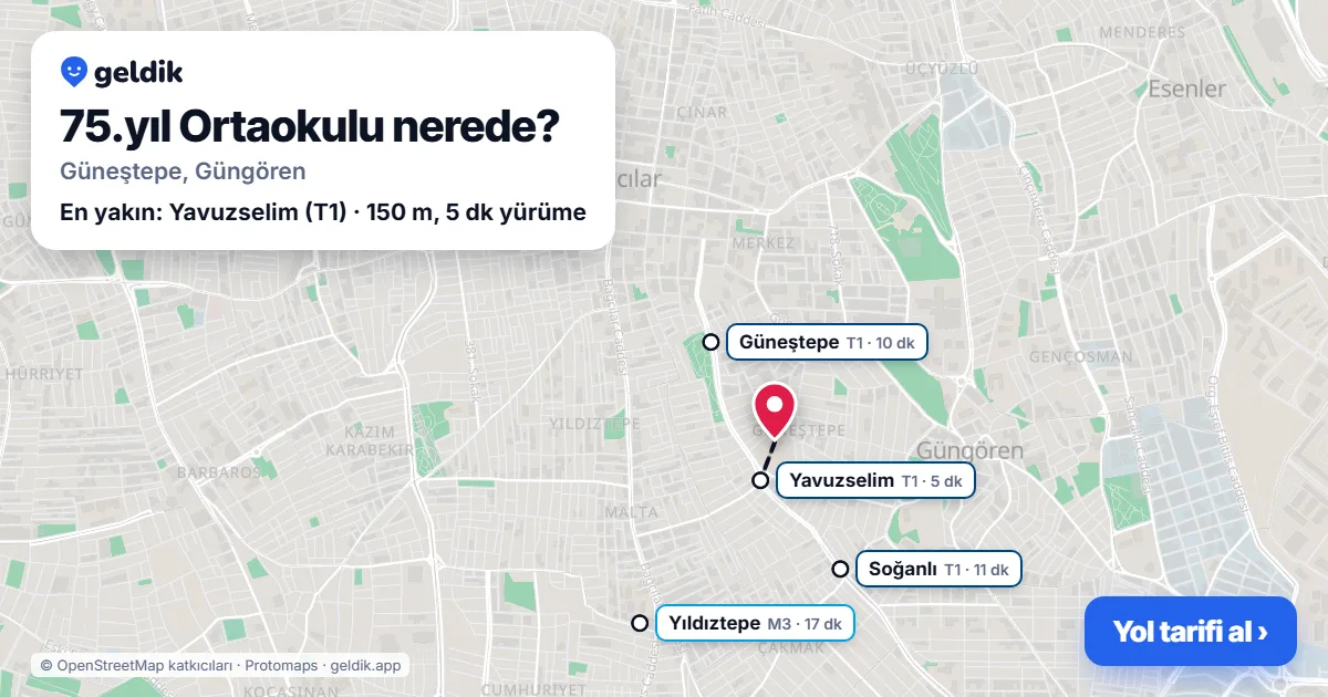 Where is 75.yıl Ortaokulu: map with its location and the nearest stops, with walking times