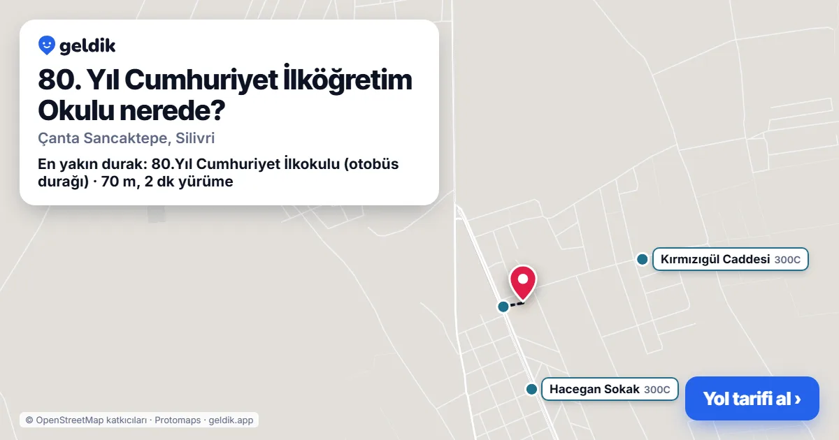 80. Yıl Cumhuriyet İlköğretim Okulu nerede: haritada konumu ve en yakın duraklar, yürüme süreleriyle