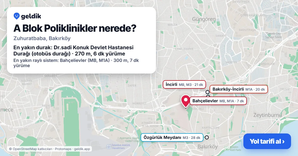 A Blok Poliklinikler nerede: haritada konumu ve en yakın duraklar, yürüme süreleriyle
