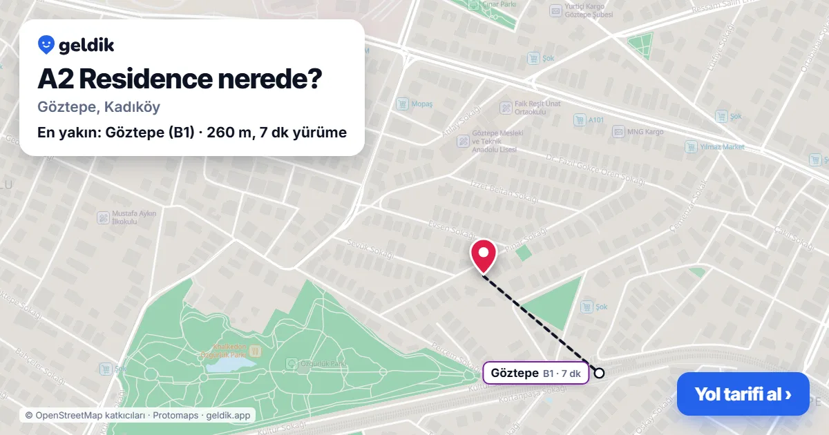 A2 Residence nerede: haritada konumu ve en yakın duraklar, yürüme süreleriyle